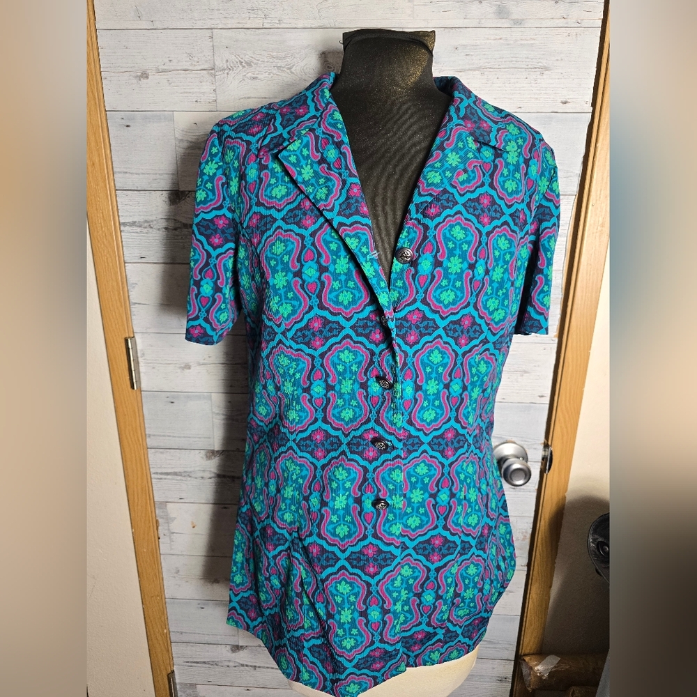 Vtg 80's Vibrant Blue and Pink Patterned Button Down Short Sleeve Blouse